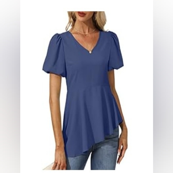 V-Neck Blouse with Puff Sleeves & Asymmetrical Hemline Size XL - Picture 3 of 17